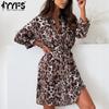 Women's Fashion Spring Fall Leopard Print Long Sleeve POLO Neck High Waist Casual Dresses