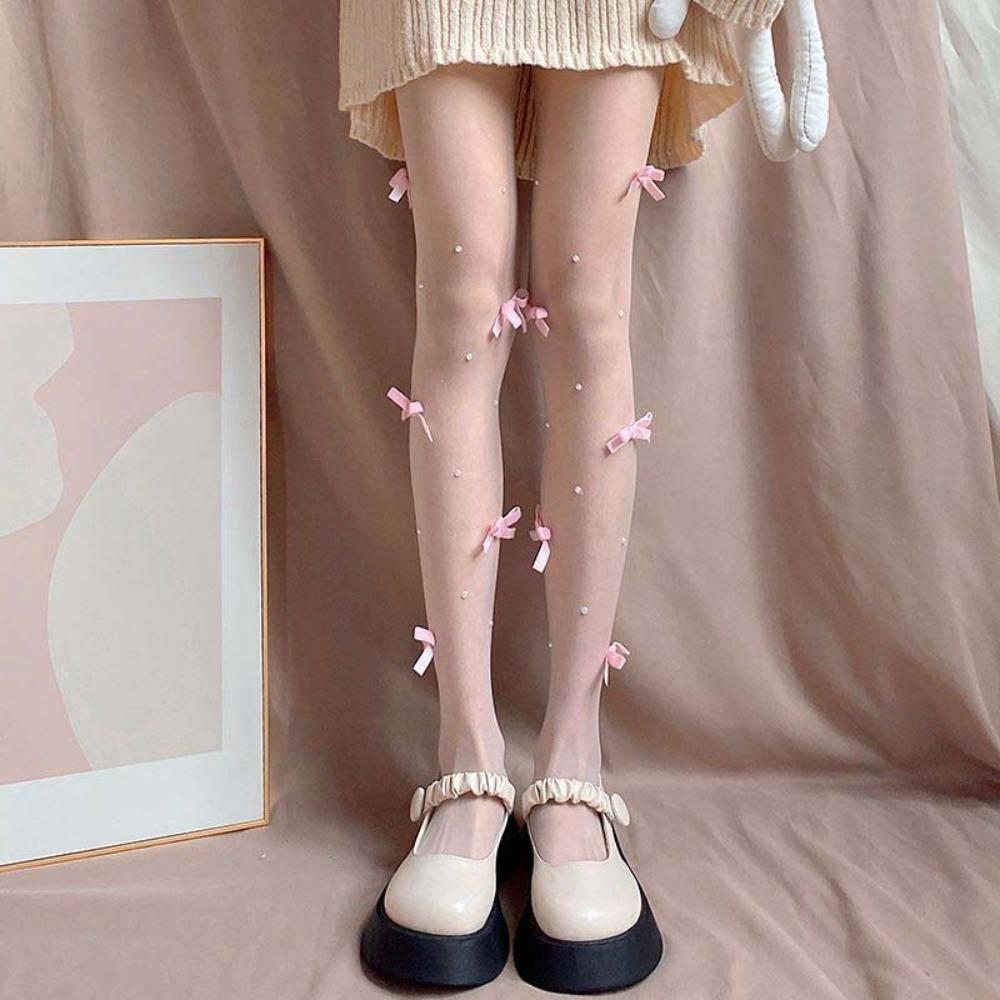 Прозрачные колготки с бантиком и жемчугом, сетчатые леггинсы, женские, в японском стиле JK, Лолита, колготки для дам