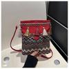 Ethnic Style Canvas Small Shoulder Bag With Wave Patterns And Decorative Tassels For Daily Use