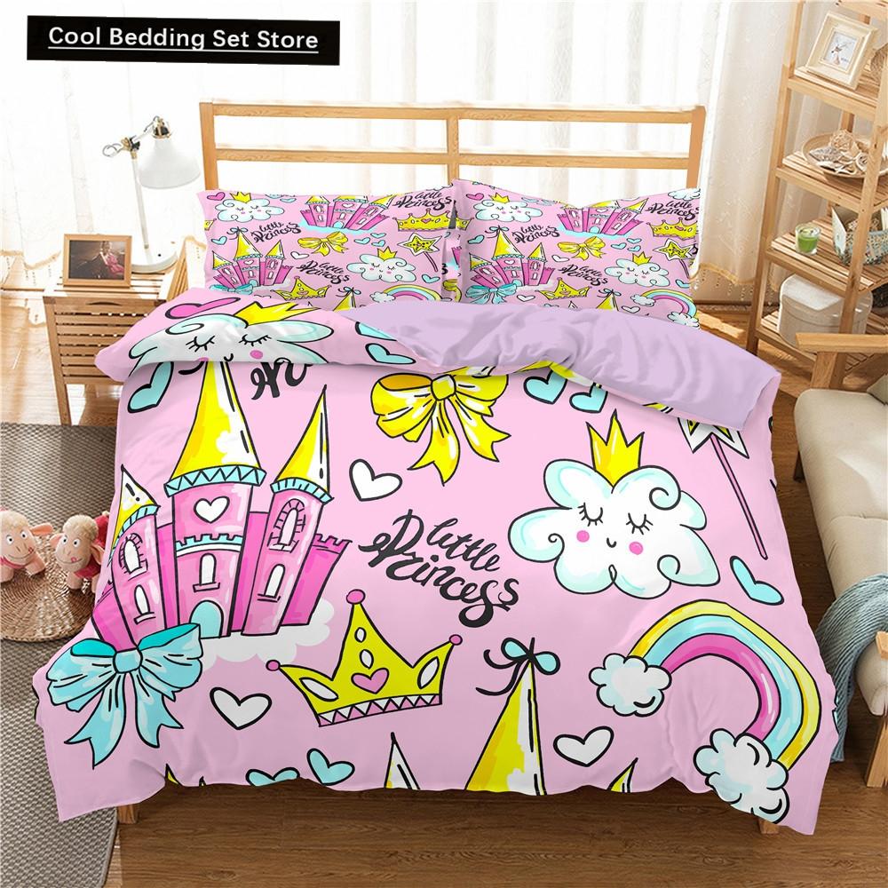 Kids Cartoon Duvet Cover Set Full/Queen Microfiber 3D Bedding Set Soft Pink Castle Princess Comforter Cover with Home Textile