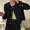 Fashion Temperament Small Fragrant Style Striped Round Metal Button False Pocket Crew Neck Sweater Jacket Female High-end Celebrity