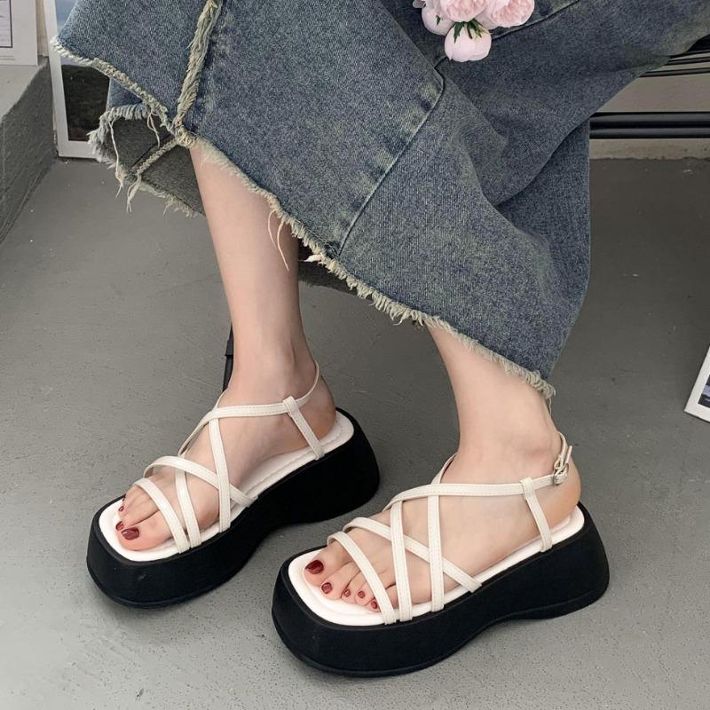 Обувь женская летняя 2024 года, римские сандалии на толстой подошве, плоская подошва, модные босоножки на высоком каблуке, женские с перекрестным ремнем, женская обувь