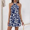 Ruffled Dress2024 Summer Women's Sleeveless Elegance Backless Skirt Ruffles Print Halterneck Dress