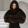 Женское короткое пальто с капюшоном из искусственного меха, коричневое, теплое, зимнее, элегантное, повседневное, шикарное, верхняя одежда