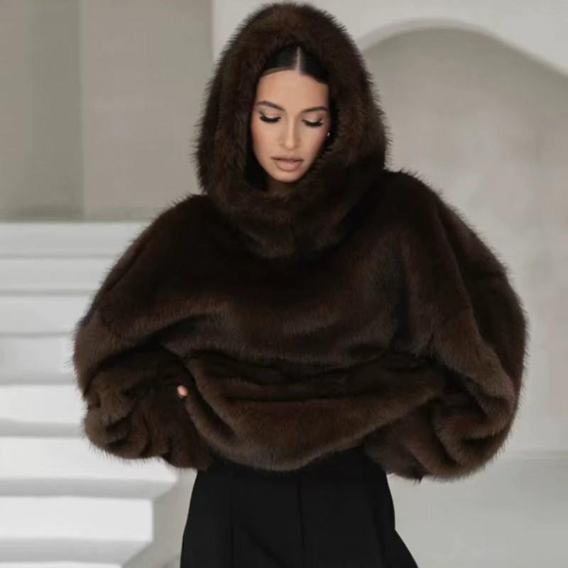 Женское короткое пальто с капюшоном из искусственного меха, коричневое, теплое, зимнее, элегантное, повседневное, шикарное, верхняя одежда