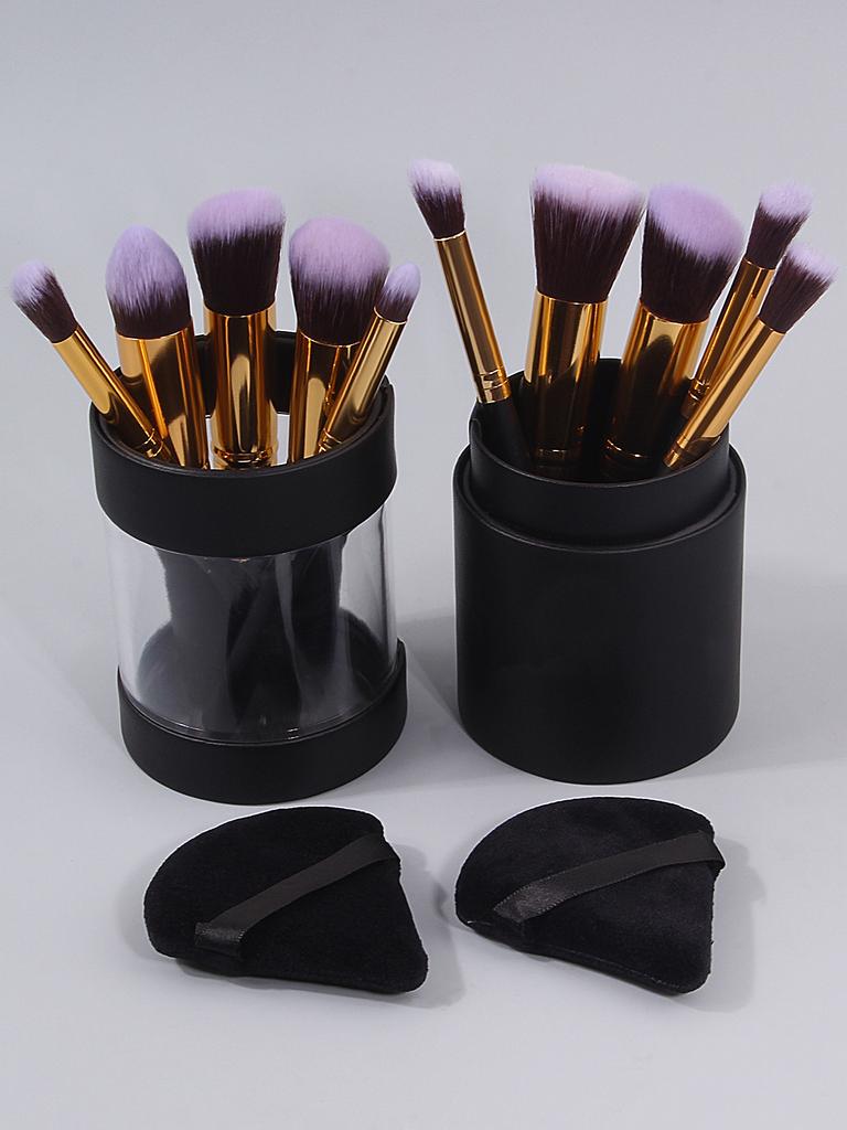 13PCS Black PU Storage Bucket Set of 10 Soft-bristled Makeup Brushes, Portable Dry and Wet Dual-purpose Sponge Powder Puff Set