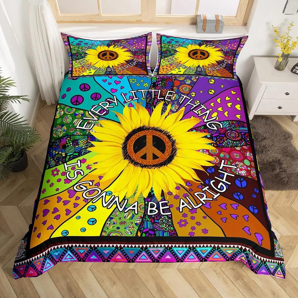Boho Hippie Psychedelic Flowers Duvet Cover Colorful Peace Sign Bedding for Boys Girls Women Bedroom Decorative Rainbow Tie Dye