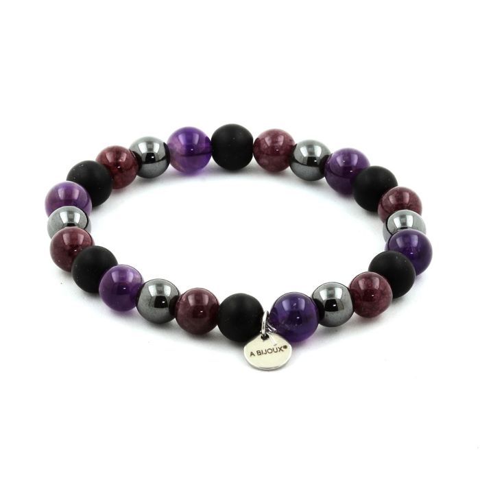 Stones and Minerals. Amethyst + Hematite + Lepidolite + Matte Black Onyx Pearl Bracelet 8 Made In France.