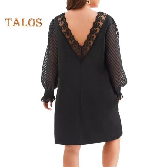 Платье больших размеров с V-образным вырезом, кружевной отделкой, расклешенным длинным рукавом, мини-платьем с высокой талией, однотонное повседневное мини-платье