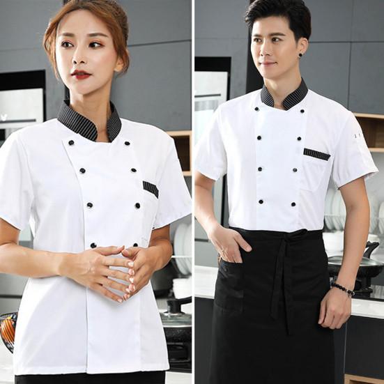 Stand Collar Short Sleeve Double Breasted Patch Pocket Splicing Color Chef Uniform Women Men Service Bakery Breathable Chef Shirt Work Clothing