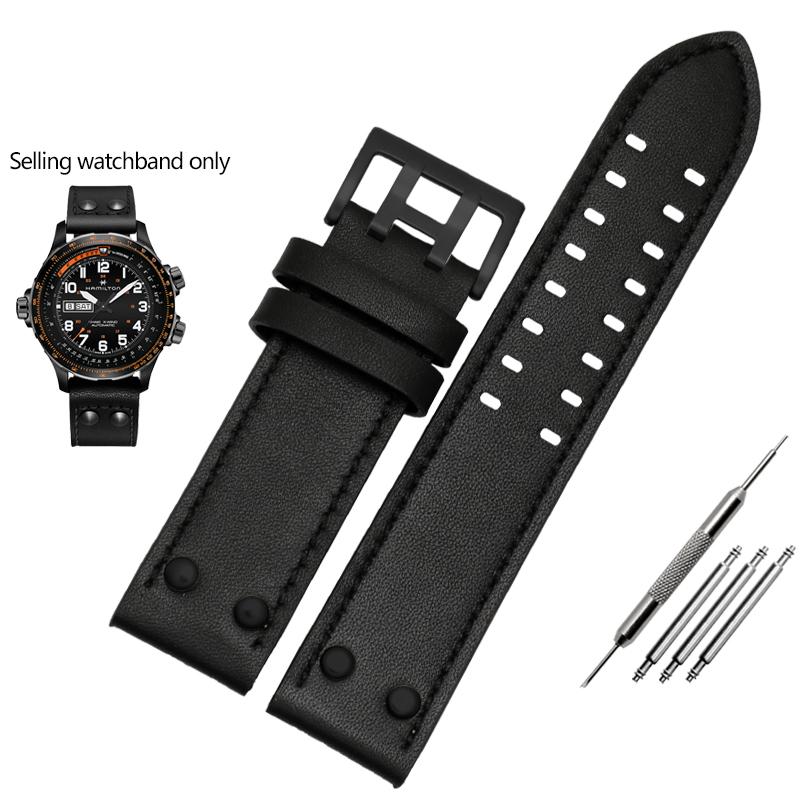 ОДИННатуральная кожаный ремешок для часов Hamilton Khaki Aviation Field Series Мужской ремешок Браслет с заклепками Коричневый 20мм 22ммMN