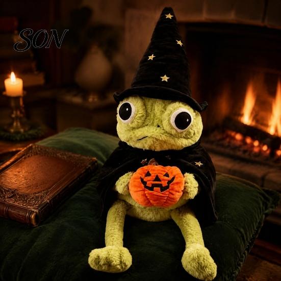 Small Stuffed Companion Wizard Frog Plush Doll, Halloween Pumpkin And Cloak Decor, Creative Prop Soft Animal Toy for Holiday Home Decoration Velvet