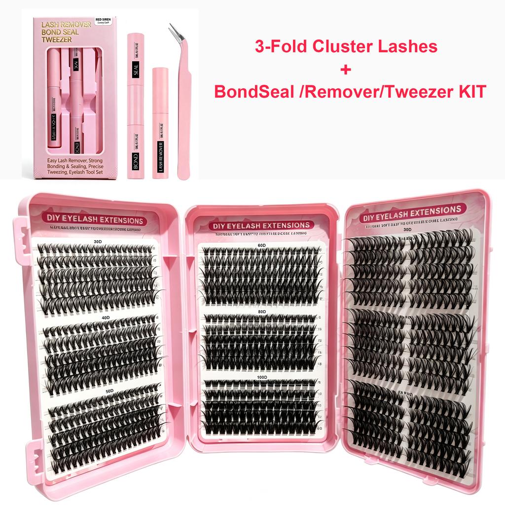 3-Fold Cluster Lash Kit 830Pcs Individual Lashes 30D-100D Wispy Thick Natural DIY Eyelash Extensions Glue Remover Tweezer Set