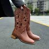 Fashion Summer Brown Mid-Calf Hollow Out Embroidered Western Boots Retro Style Desert Women's Shoes Leather Upper Round Toe Rubber Sole