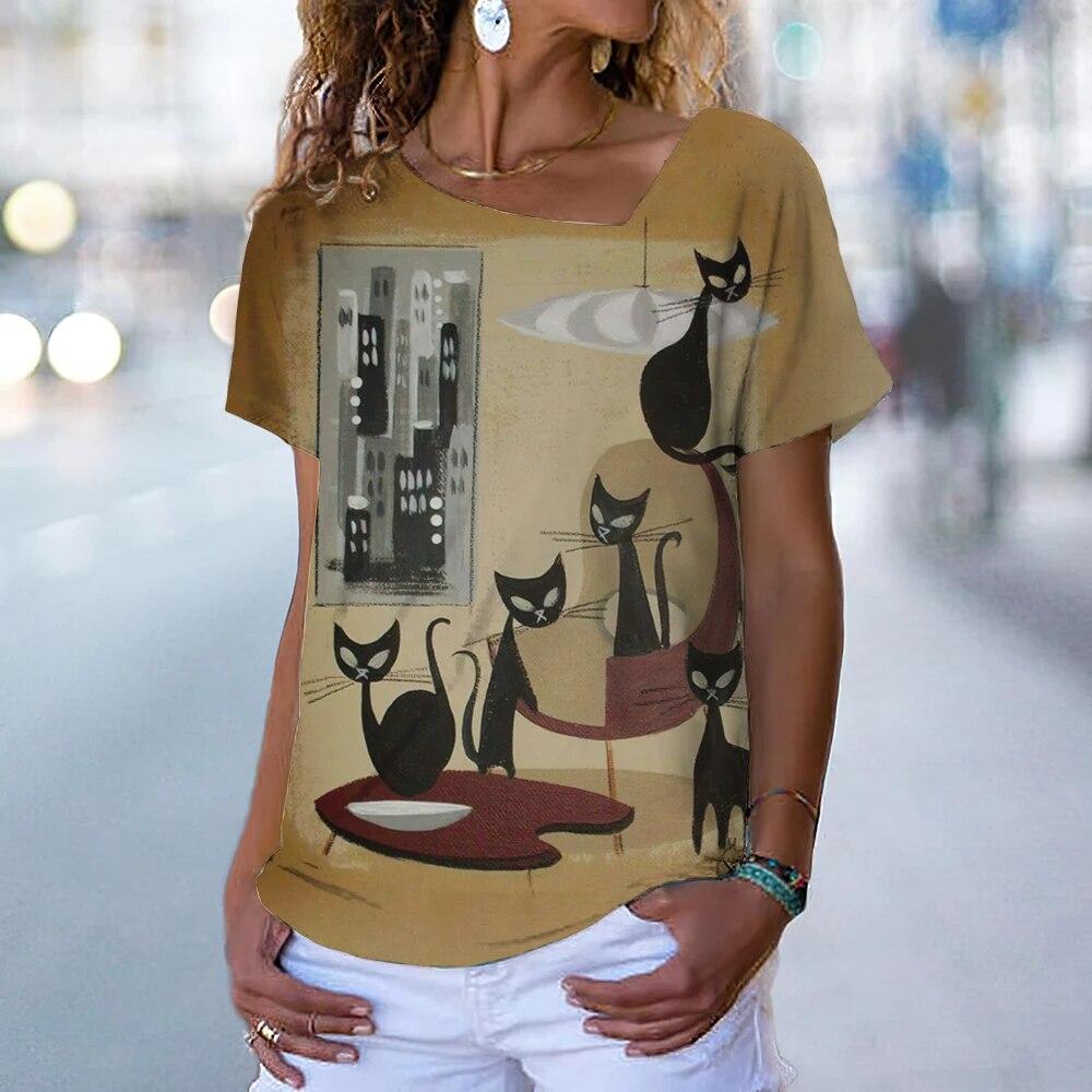 Винтажная футболка с котенком, женская футболка с рисунком кота в стиле аниме, блузка с v-образным вырезом, летняя одежда большого размера с коротким рукавом, женская одежда в стиле Харадзюку, повседневная уличная одежда