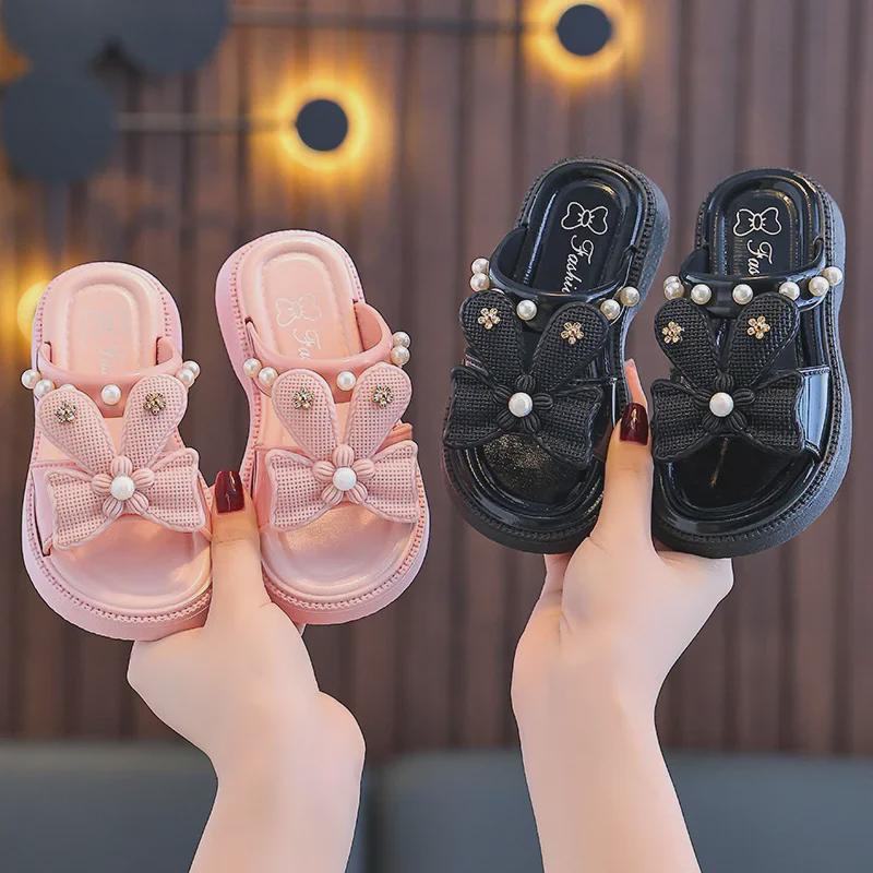 Детские летние тапочки с героями мультфильмов: Милая, нескользящая, мягкая подошва с бантом и жемчужной отделкой в стиле принцессы