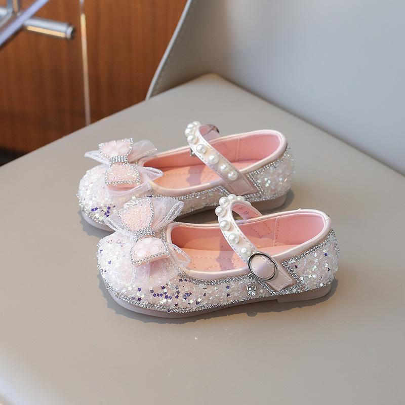 2024 Новые туфли для вечеринок для девочек Милые детские туфли для принцессы на свадьбу, модные весенние туфли с блестками и бантом для детей из кожи