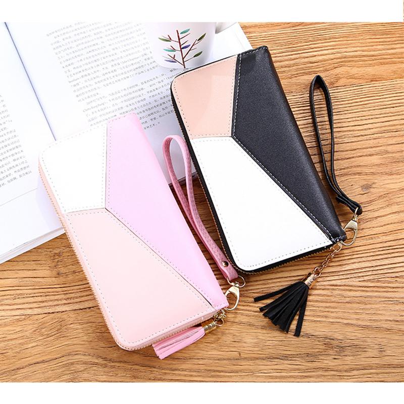 Contrasting Color Stitching Long Wallet Ladies Clutch Bag New Fashion Large Capacity Zipper Wallet Women Tassel Bag