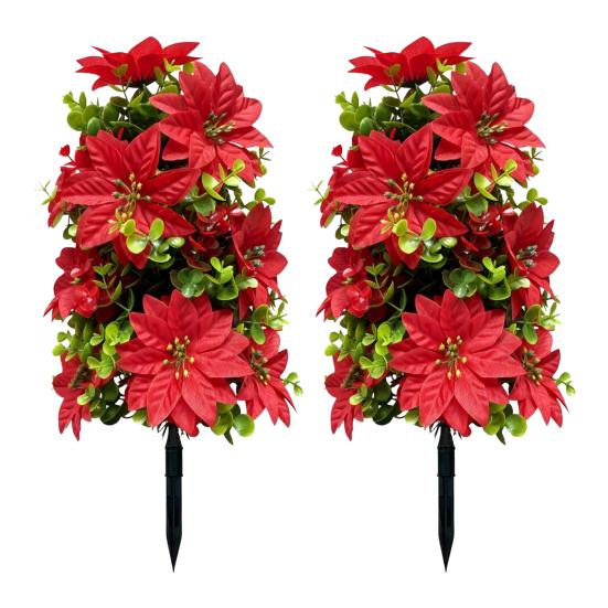 Christmas Lawn Ornaments 22" Artificial Poinsettia Flowers with Ground Spikes, Red Floral Stakes, Waterproof Seasonal Home Decorations PVC Simulation