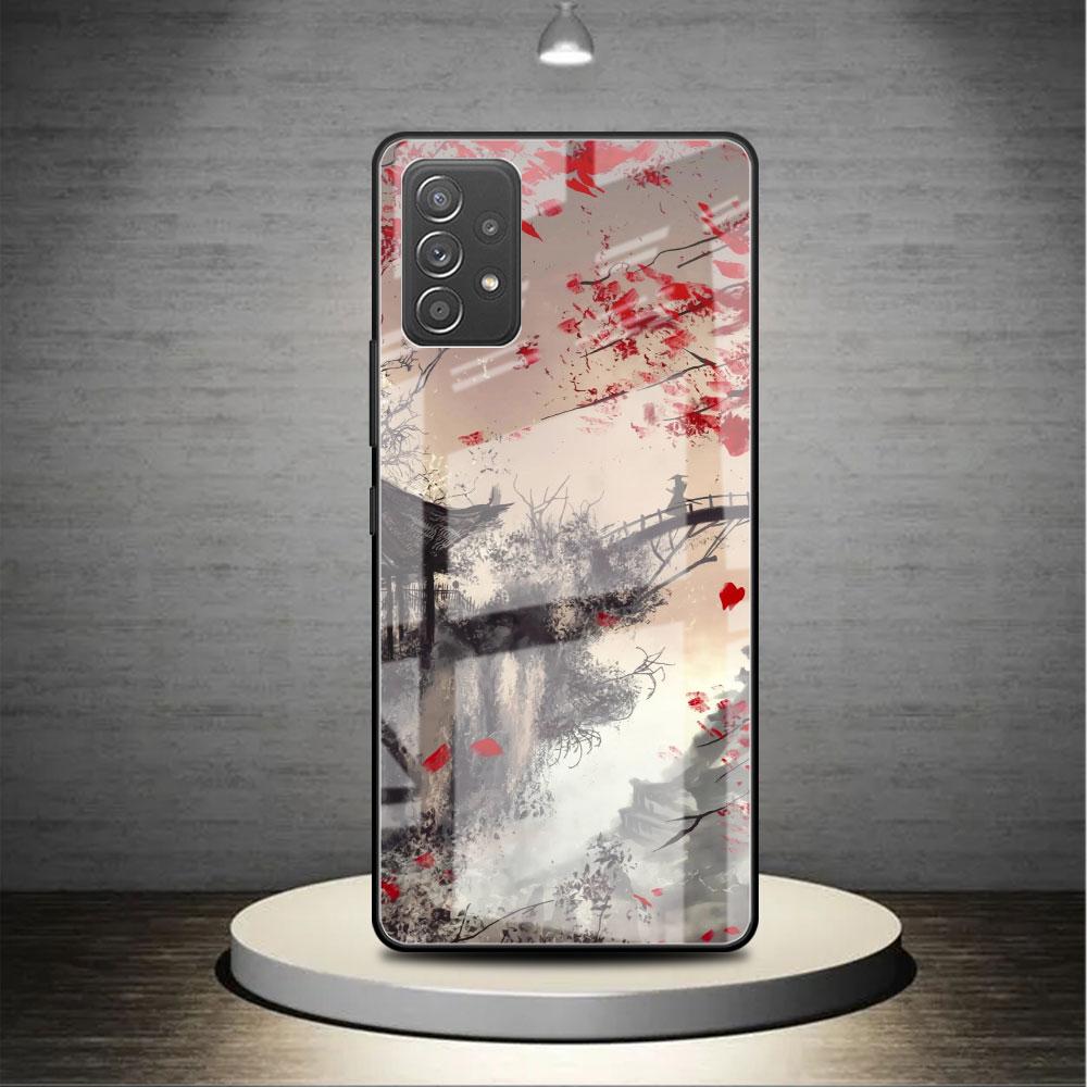 Стеклянный чехол для Samsung Galaxy A52 A71 A50 A51 A70 A21s A31 A72 A10 A12 A30 A22 5G, чехол для телефона с пейзажными чернилами, японское искусство самурая