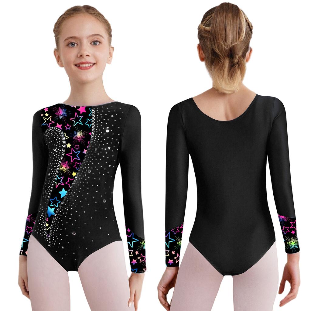 Girls Dance Leotard Long Sleeve Rhinestone Patchwork Jumpsuit for Gymnastics Training Performance