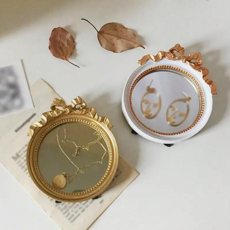 1PC Vintage Resin Jewelry Dish Mirror Tray Antique-style Resin Vanity Set Gift & Versatile Accent 10.5x12cm