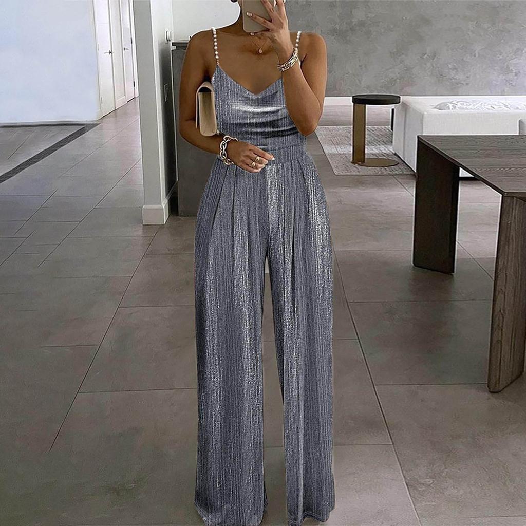 Женский модный и повседневный свободный цветной комбинезон с широкими штанинами, стягивающийся на талии, с элегантными бретелями, украшенными бусинами