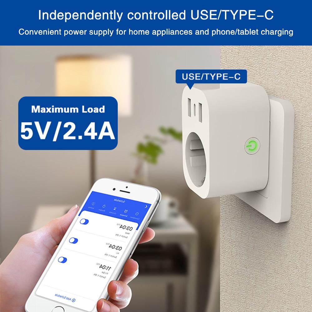 Европейский стандарт 220В 16А Умная розетка с двумя USB, Управление Alexa, Индивидуальное дистанционное включение/выключение