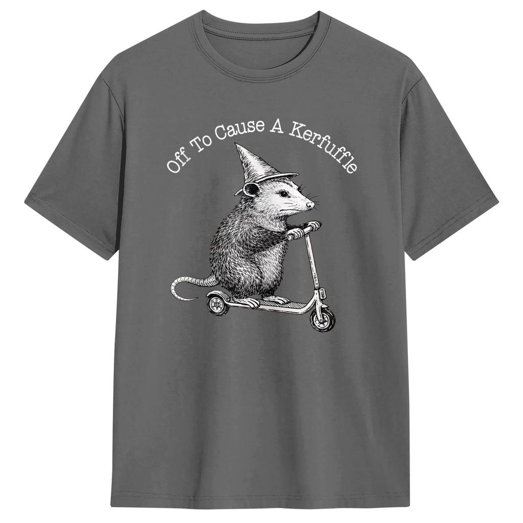 Unisex Women TShirt Off to Cause A Kerfuffle Funny Opossum Riding Scooter T Shirts Leisure Summer Tees Vintage Cotton Clothes