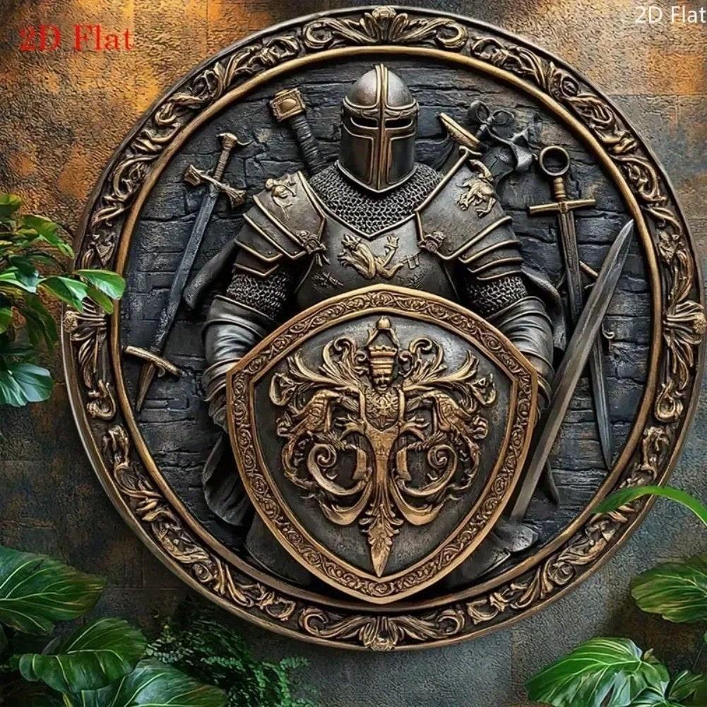 Средневековый Рыцарь Щит Меч Алюминиевый Металл Настенное Искусство Винтажная Броня Декоративная Табличка 8x8 Дюймов