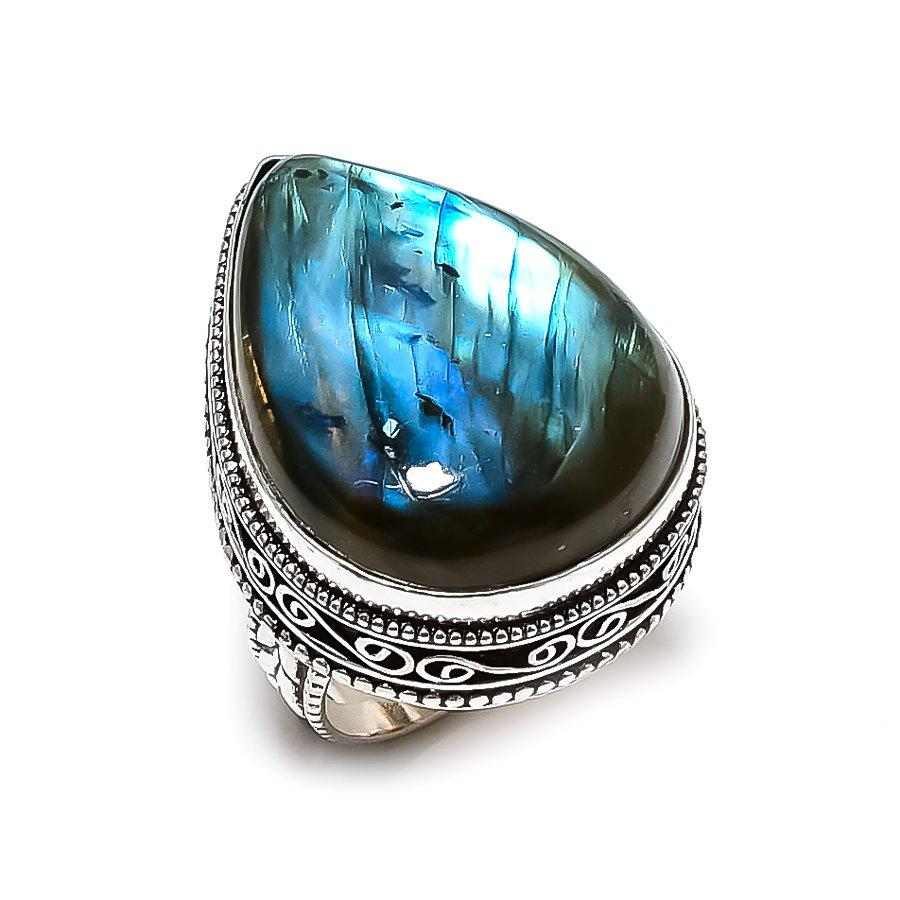 Подарочное кольцо ручной работы из стерлингового серебра 925 пробы с натуральным лабрадоритом S.6.5 B2o38