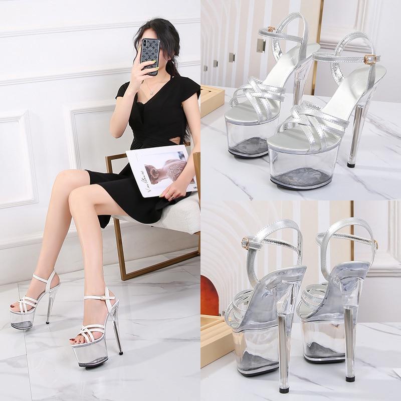 Сандалии на высоком каблуке, модельная женская обувь, пикантные непромокаемые женские сандалии с кристаллами, серия 181, каблук 17 см, платформа 7 см, LFD