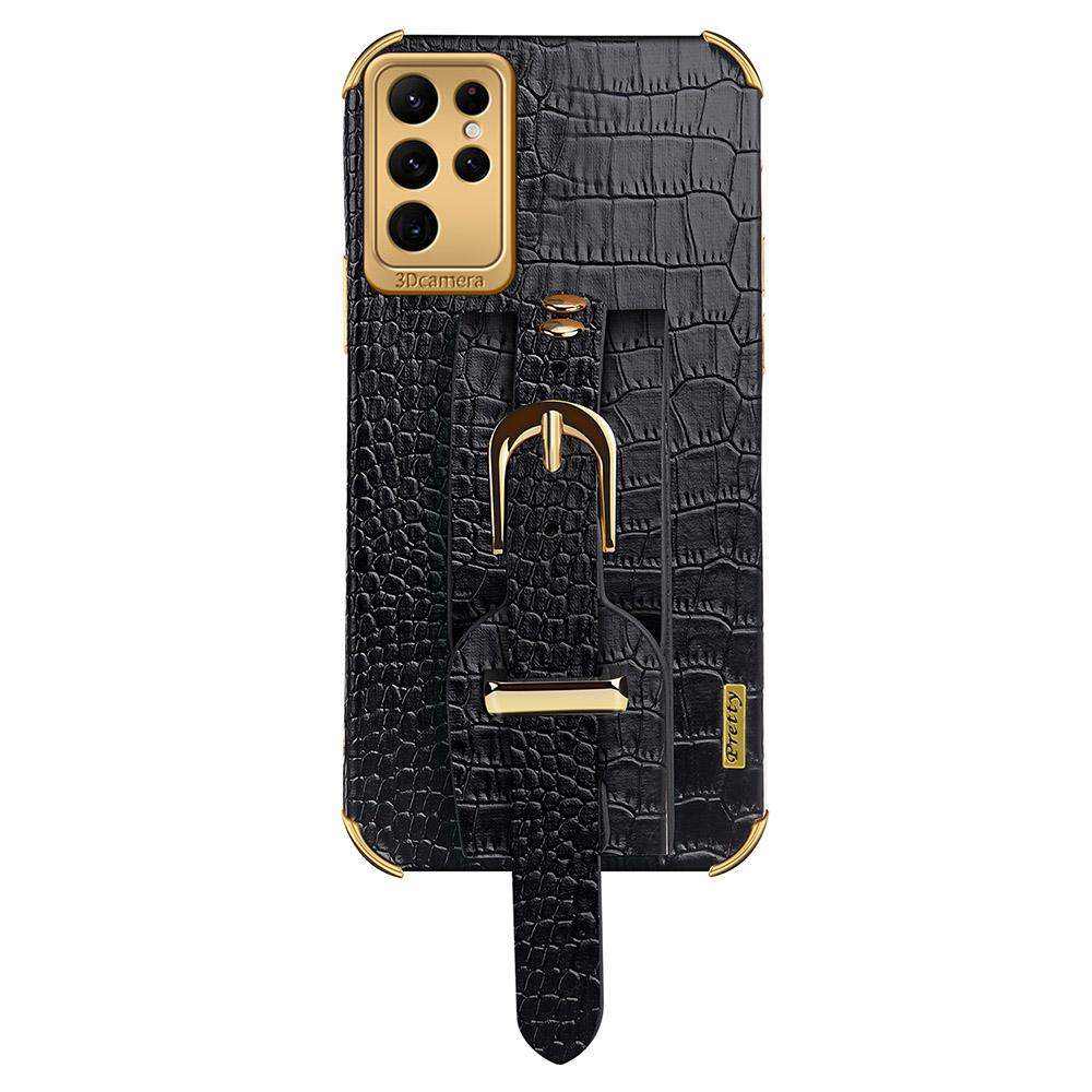 For Samsung Galaxy S24 Ultra Cell Phone Case Electroplating Leather+TPU Cover with Wristband