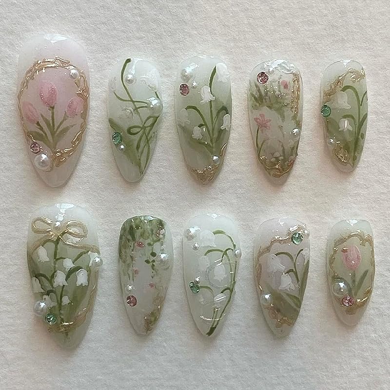 24Pcs Flower Press on Nails Green Fake Nails Medium Almond Shaped Pearl with Gold Beads Design 5D Spring Floral Glue on Nails Artificial White French