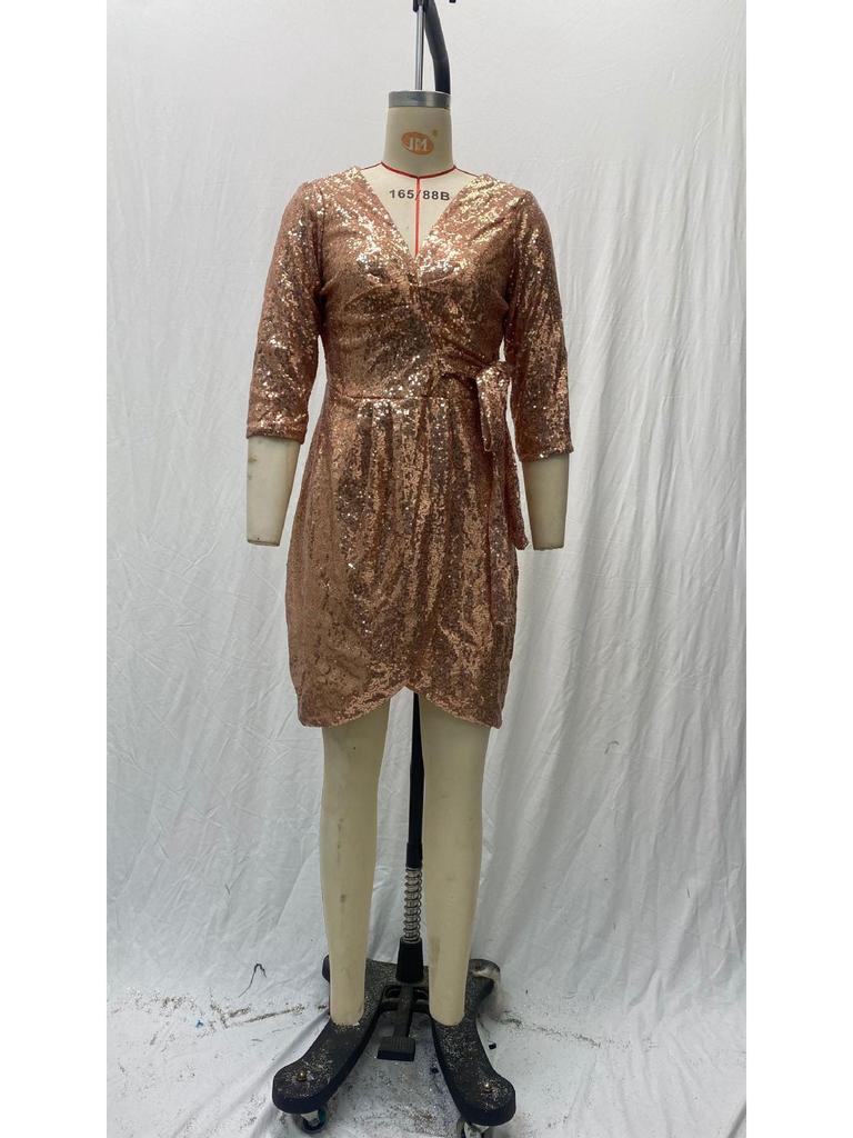 Sexy Long-Sleeve Sequin V-Neck Tie-Up Dress