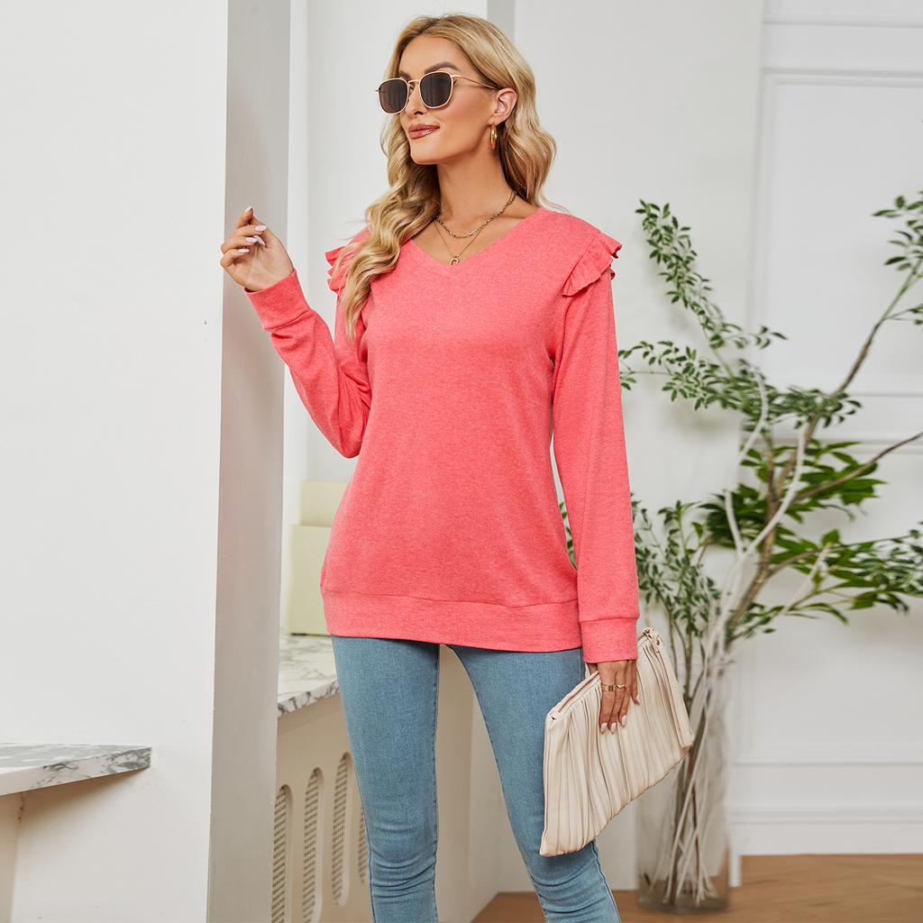 GMXIA Женские модные повседневные осенне-зимние однотонные блузки и рубашки с длинным рукавом и v-образным вырезом с принтом