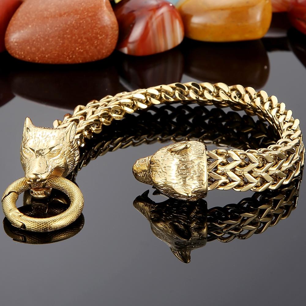 Norse Viking Wolf Head With Square Franco Link Chain Bracelet for Men Stainless Steel Men's Bracelets Masculine Jewelry Gifts