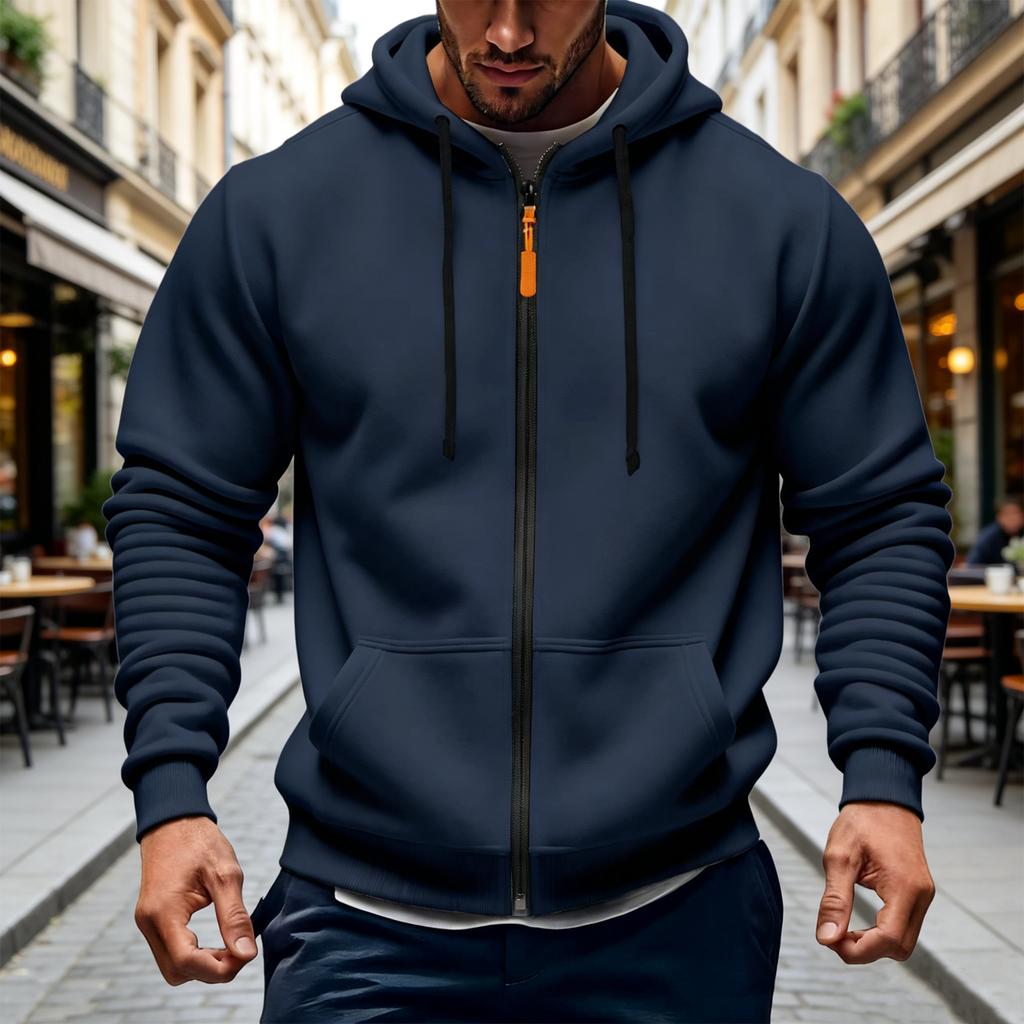 Men's Winter Lined Zip-Up Hoodie, Color Thick Casual Hooded Sweatshirt Jacket