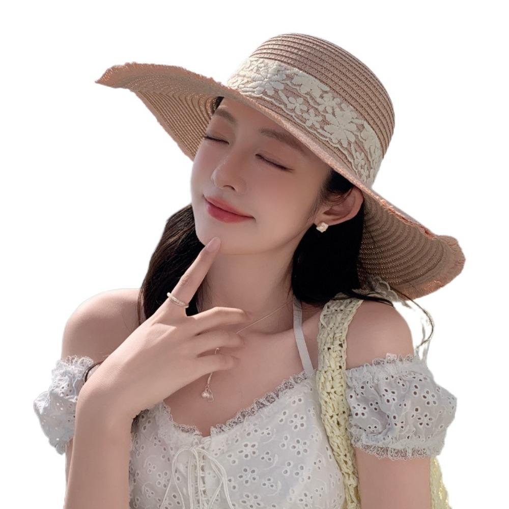 Breathable Wide Brim Sun Hat Large Brim Sunshade Cap Vacation Lace Bowknot Straw Hat  Woman