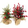 Small Christmas Artificial Plants with Burlap Base Faux Pine Branches with Red Berries/Poinsettias Flower for Winter Indoor Home