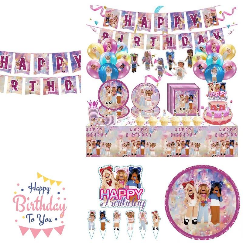 Pink Girl Gaming Theme Kids Birthday Party Tableware Set Roblox Girl Decorations Supplies