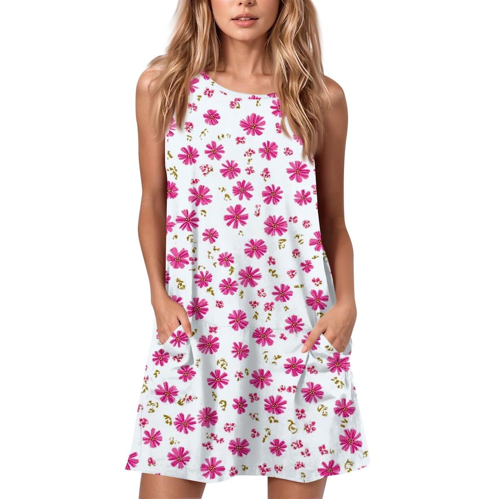 Женское летнее повседневное платье с круглым вырезом и принтом, платье без рукавов с карманами