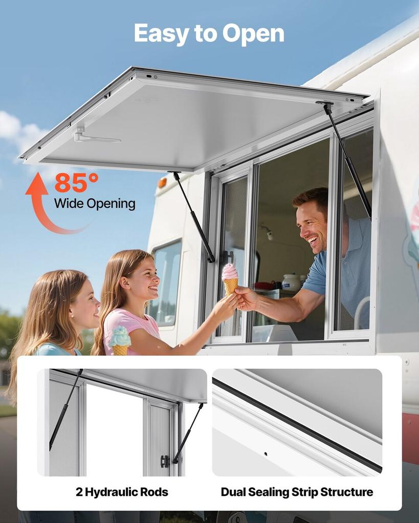 Concession Window 135x84 cm, Aluminum Alloy Service Window for Food Truck, Up to 85 Degrees Stand Serving Window with 4 Sliding Windows, Awning Door,