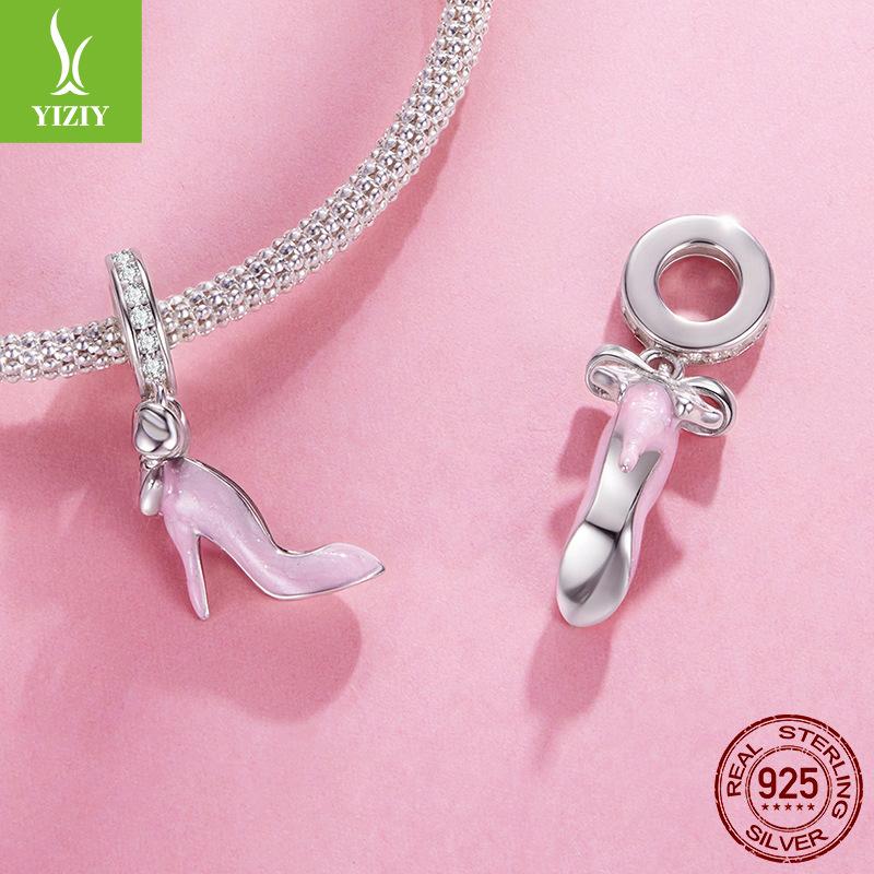 Pink High Heels S925 Sterling Silver Pendant Accessories Fairy Princess Style Diy Bracelet Beaded
