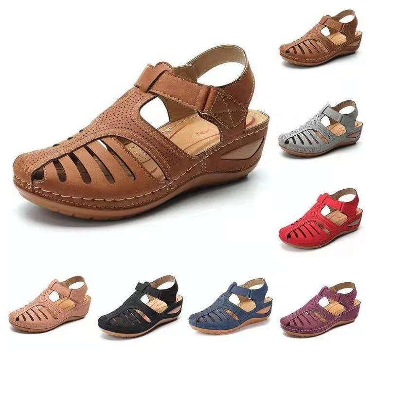 2025 популярные женские сандалии большого размера с открытым носком, однотонные сандалии на танкетке в римском стиле для женщин