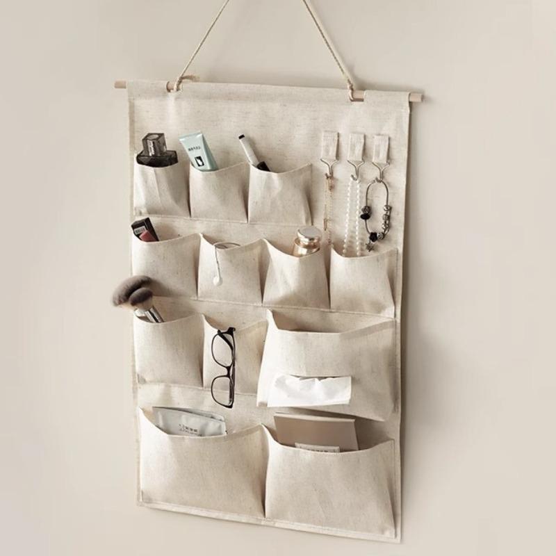 Wall-Mounted Fabric Storage Organizer for Door: Multi-Pocket Hanging Bedroom Dorm Room Cloth Pouch with Cell Phone Pocket