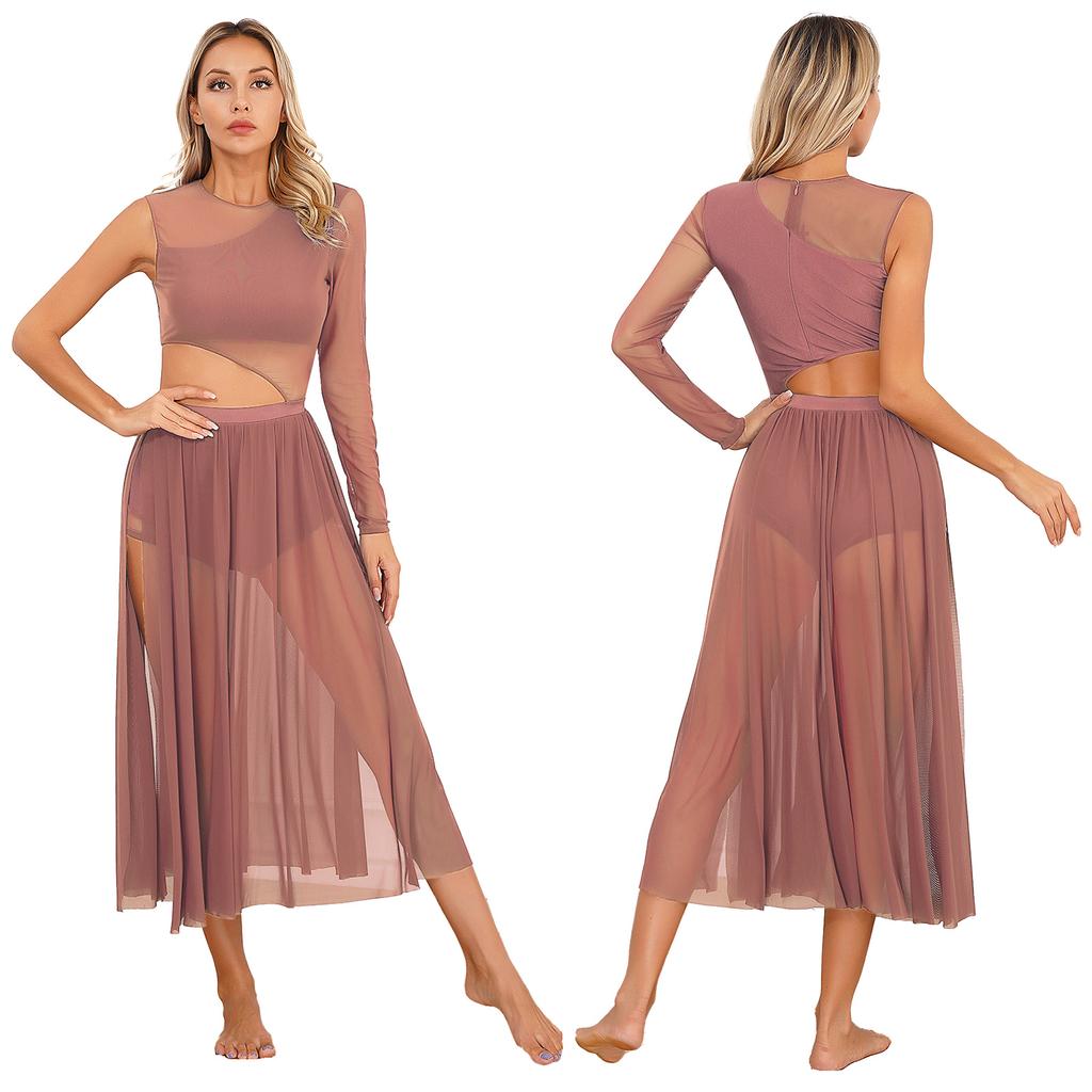 Элегантное струящееся длинное макси-лирическое платье для современного танца, сетчатое платье-майка с длинными рукавами, костюм для современного танца