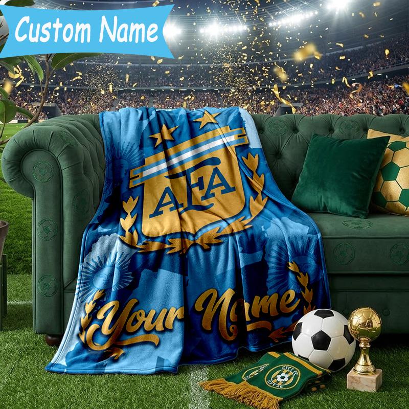 Custom Name Argentina football team Flannel Blanket, Use for Birthday/Holiday Gift, Soft Blanket for Sofa/Bed/Camping/Office, Home Decor