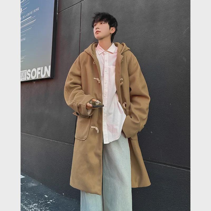Мужское толстое шерстяное пальто в корейском стиле: Красивый, теплый, высококачественный, свободный, длиной до колена для осени/зимы