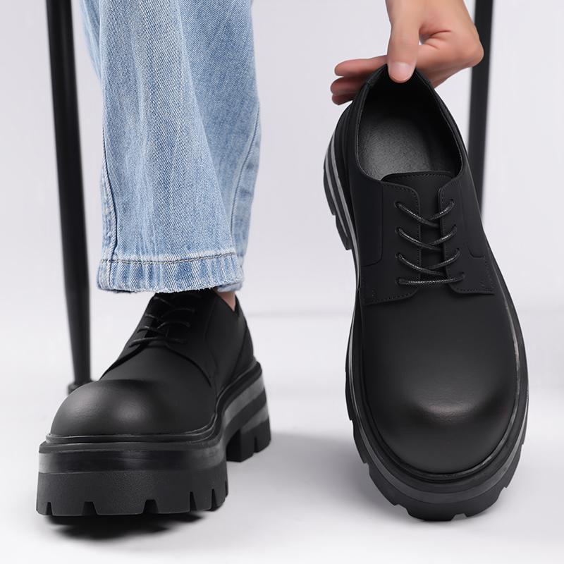 Men's Thick Soled Leather Shoes High Quality Luxury Style Leisure Work Office Black Casual Street Shoes Derby New Versatile